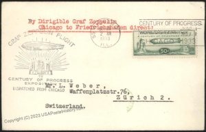 USA 1933 Graf Zeppelin Chicago Chicagofahrt C18 Mi355 Cover Zurich Switze 111125