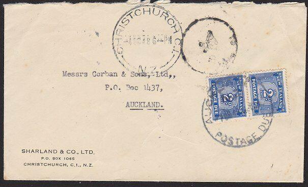 NEW ZEALAND 1948 cover Christchurch to Auckland - TO PAY / 4d + dues.......1848