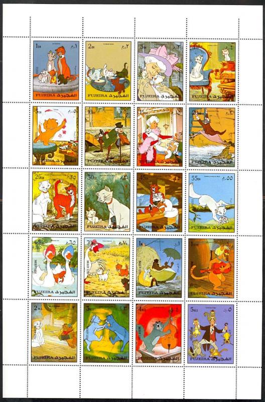 FUJEIRA ARISTOCATS RARE MINT SHEET OF 20 STAMPS 