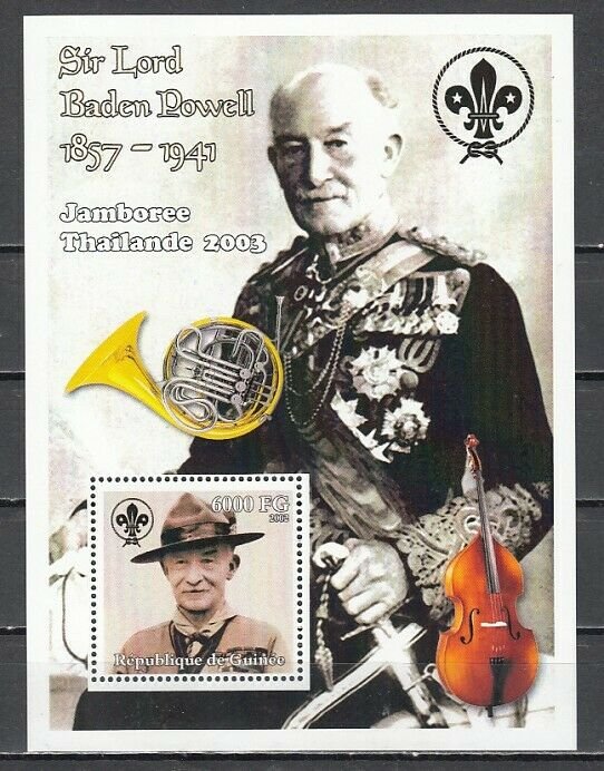 Guinea, 2002 issue. Scout Baden Powell s/sheet. Music Instrument in selvage. ^