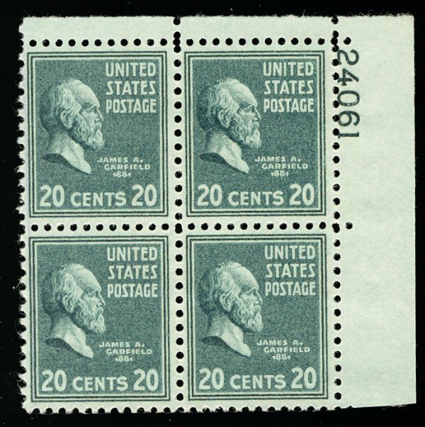 US #825 PLATE BLOCK, SUPERB mint never hinged, post office fresh,  20c Garfie...