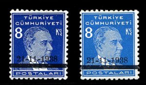 Turkey #815, 815a (Mi. 1045a-b) Cat€302, 1938 Kemal Ataturk, 8k dark blue a...