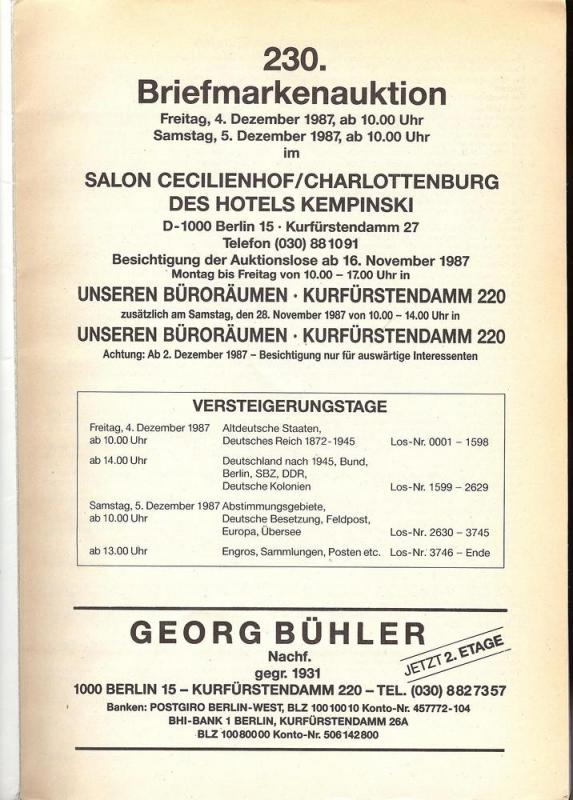Buhler: Sale # 230  -  230. Briefmarkenauktion, Georg Buh...