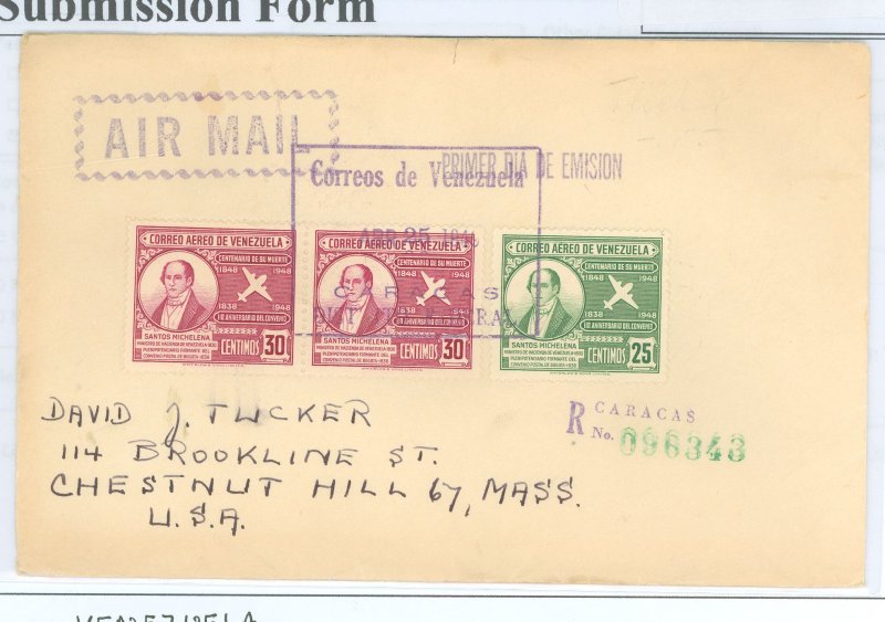 Venezuela  1949 Reg Air FDC to MA