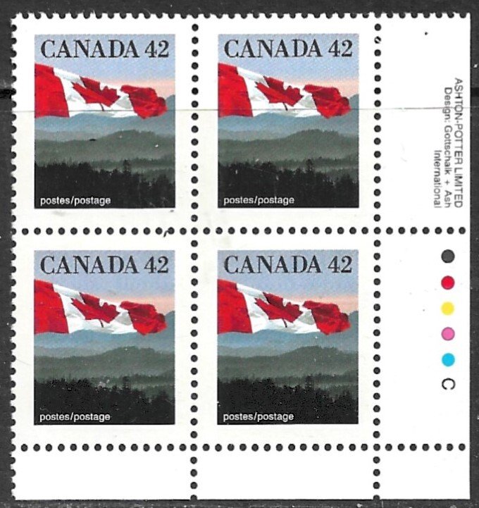 CANADA 1991 42c Flag Over Hills Plate Block 4 Sc 1356 MNH