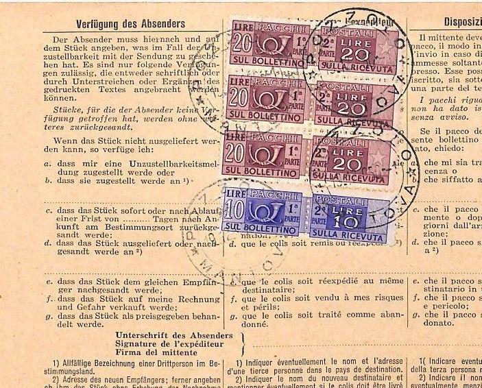 ITALY 1956 Postage Dues Mantova Switzerland *Winterthur* Parcel Card TAXE AX32