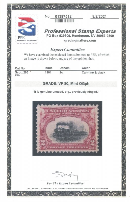 US Scott #295 Mint, VF, Hinged, PSE (Graded 80)