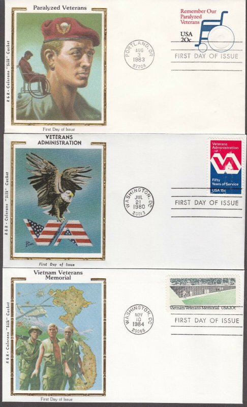 US FDC Veterans Mixed Lot of 5 w/ Colorano Silk Cachets 