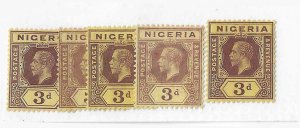 Nigeria  Sc #5   3p   5 different copies showing 5 of the 6 S.G.  shades OG VF