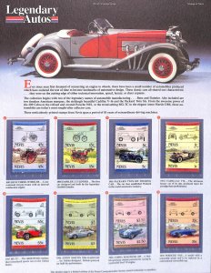 Postal Commemorative Society Stamp Panel MNH, Nevis Legendary Autos, Cars