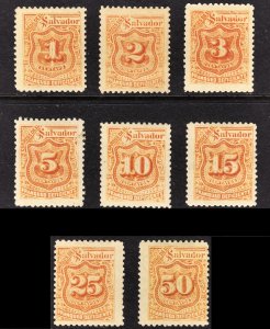 El Salvador Scott J49-56 complete set F+ mint H, HR or HHR reprints.  FREE..