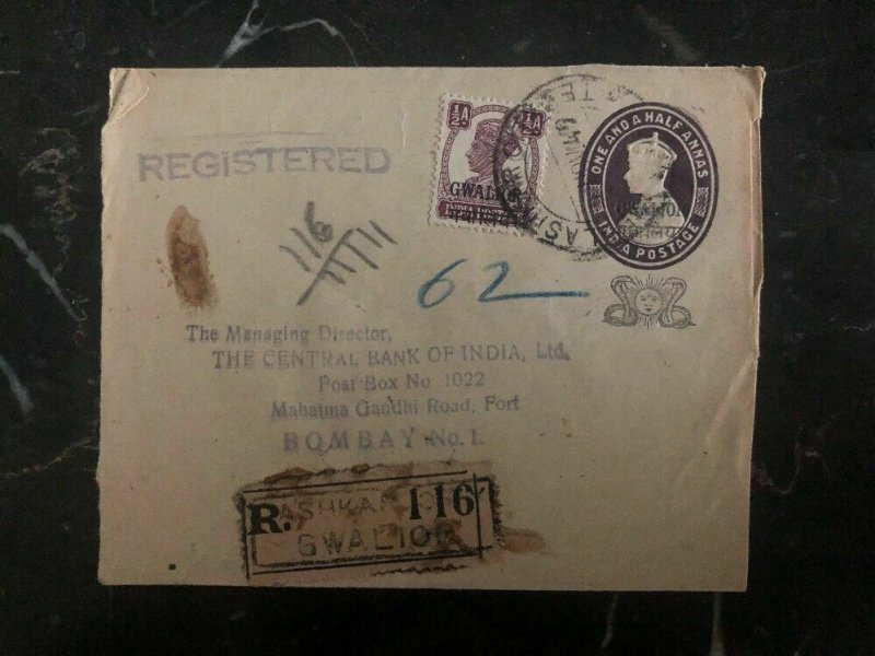 1949 Gwalior India Central Bank Registered Cover To Bombay