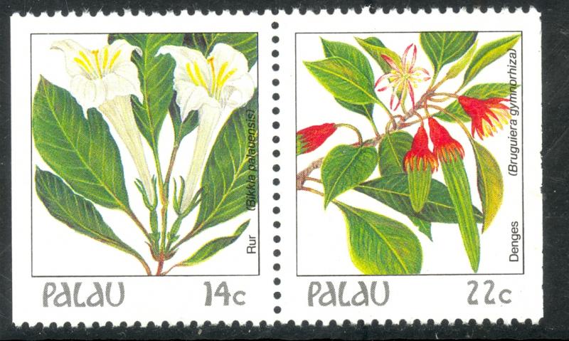 PALAU 1987-88 14c & 22c Indigenous Flowers Pair From Booklet Pane Sc 130var MNH