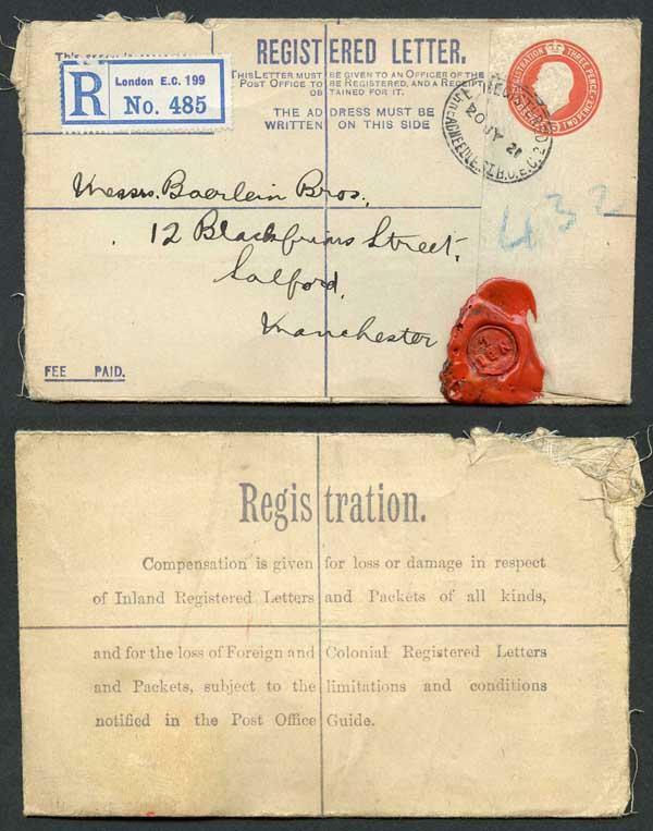 RP34 KGV 5d Orange Registered Envelope ?? Under Flap Type 7 Size G USED