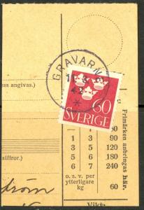 SWEDEN 1939 60o THREE CROWNS Issue Sc 282 on Piece w GRAVARNE cds