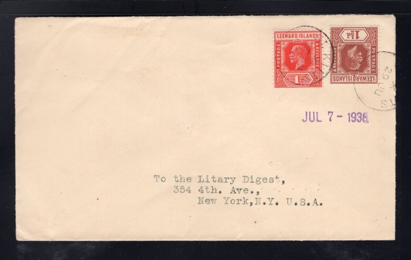 St. Kitts 1938 Cover to New York franked Leeward Is. 1p & 1 1/2p, Scott 63, 66