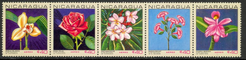 NICARAGUA 1967 FLOWERS Airmail Strip of 5 Sc C630a MNH