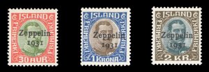 Iceland #C9-11 Cat$215, 1931 Zeppelin, set of three, never hinged