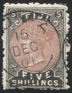 FIJI 1882 Sc 45 Used  5sh QV with SUVA 15 Dec 01 postmark/cancel, cv $50