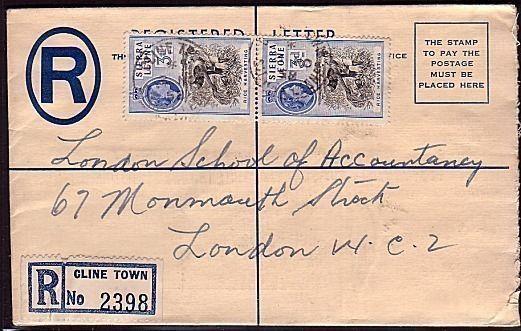 SIERRA LEONE 1958 QE 4d Reg envelope uprated used CLINE TOWN...............32073