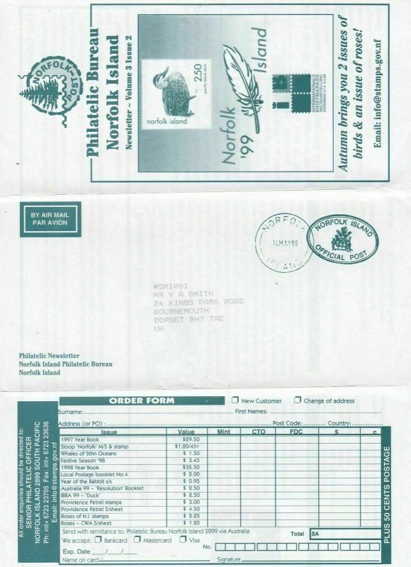 Norfolk Island 1999 Airmail to UK Philatelic Newsletter Stamps Cover Ref 23681