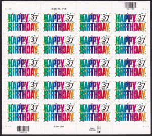 Scott #3695 Happy Birthday Sheet of 20 Stamps - MNH