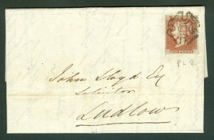 SG 7 1841 1d red-brown plate 8 lettered OJ. 4 margins on Irish cover to Ludlow.. 