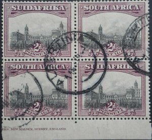 South Africa 1927 2d Block of four with part Printers Imprint SG 34 used