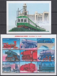 AZERBAIJAN SC # 547-8 CPL MNH SHEET of 9 + S/S - LOCOMOTIVES