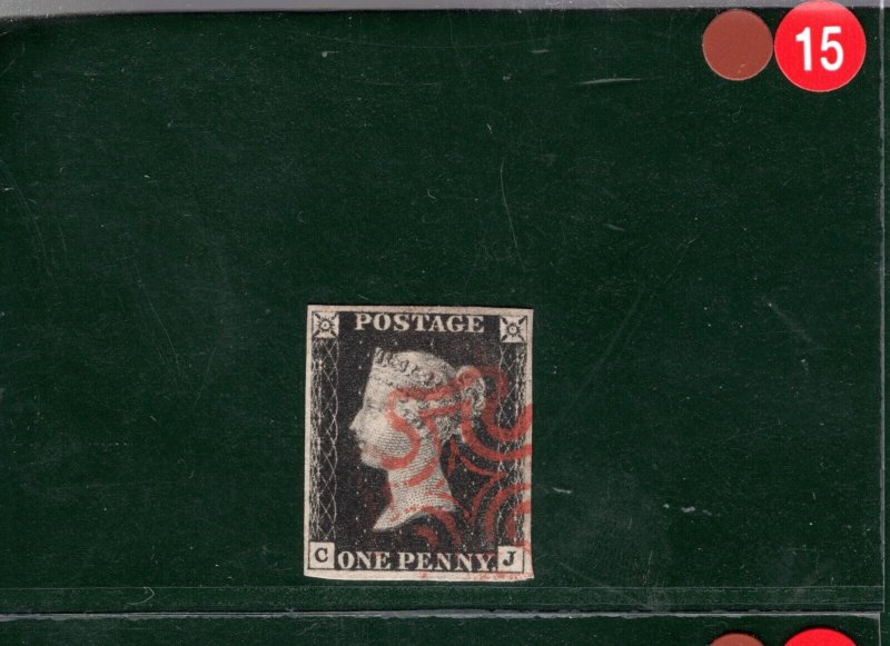 GB PENNY BLACK 1840 QV Stamp SG.2 1d Plate 1a (CJ) Used Red MX Cat £450+ BRRED15 