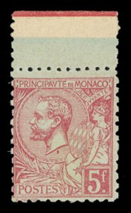 Monaco #27b Cat$2.000+ (for hinged), 1891 5fr rose on green, perf. 11, top sh...
