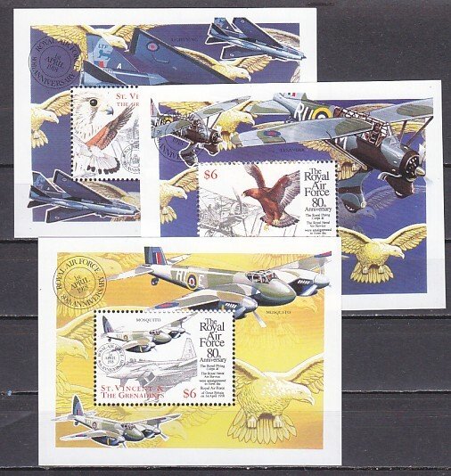 ST. Vincent, Scott cat. 2635-2637. Royal Air Force Anniversary on 3 s/sheets.