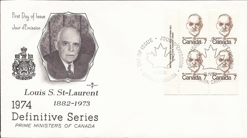 1974 Canada- FDC - RoseCraft - Sc 592 - Caricature - Louis St Laurent - PB LL