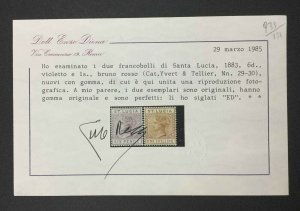 MOMEN: ST LUCIA SG #35-36 1883-6 DIE I MINT OG H CERT £700 LOT #64400