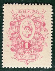 ARGENTINA *SALTA* Local Revenue Stamp 1P *LEY DE MULTAS* Fines 1909 MM Y2WHITE49