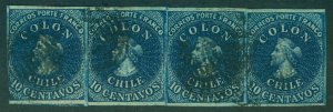 CHILE 1857 COLUMBUS - ESTANCOS - 10c deep blue Scott # 10a  used XF  STRIP of 4