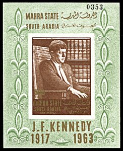 Mahra State Michel Block 1B, MNH, John F. Kennedy imperf. souvenir sheet