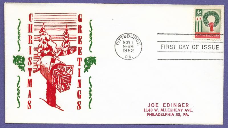 1205 CHRISTMAS 4c , 1962 CENTENNIAL FIRST DAY COVER, ADDR.