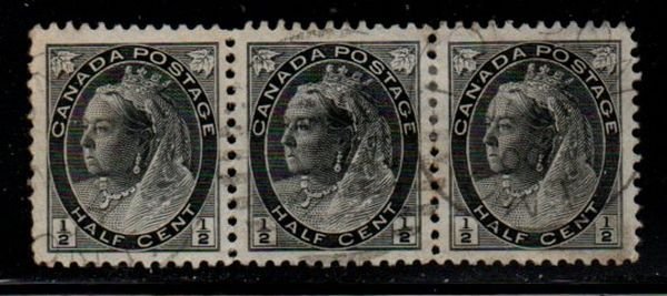 Canada Sc 74 1898 1/2c black Victoria Numeral stamp strip of 3  used