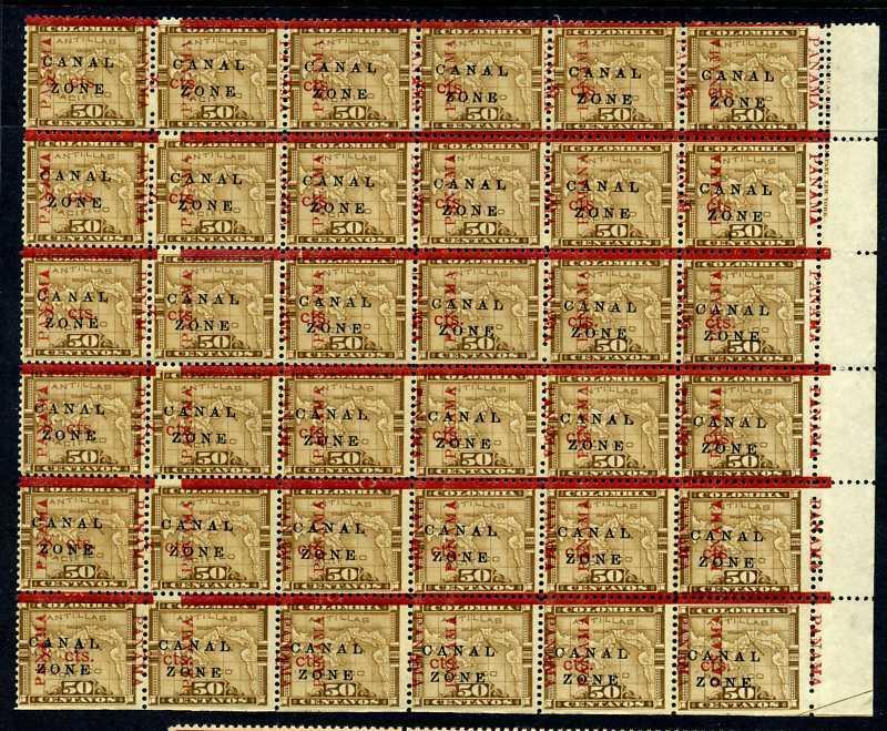 Canal Zone 20 Block of 36 Stamps w/Progressive Overprint Shift with PF Cert!