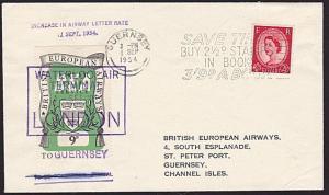 GB 1954 BEA 9d airmail stamp on flown cover London to Guernsey..............7002