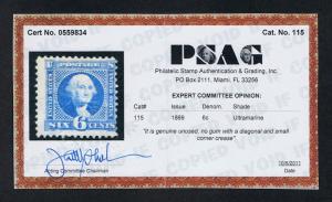 GENUINE SCOTT #115 6¢ MINT NG 1869 PSAG CERT WELL DEFINED G-GRILL SCV $1000