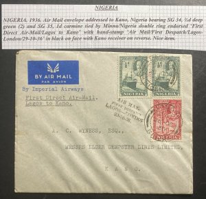 1936 Lagos Nigeria First Flight Airmail Cover FFC to Kano Imperial Airways