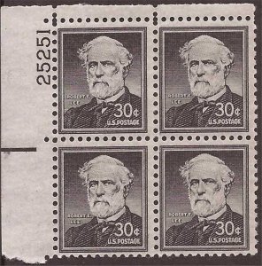 US Stamp 1955 30c General Robert E. Lee Wet Print 4 Stamp Plate Blk Scott #1049