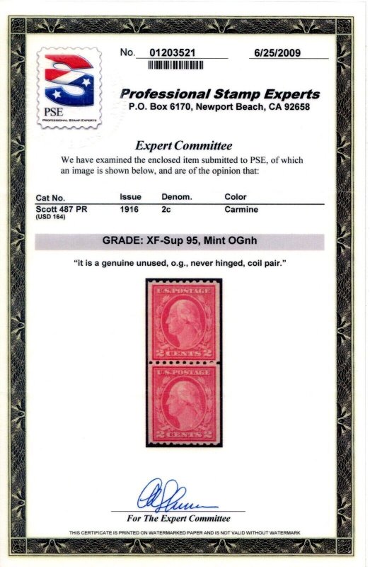 US SCOTT #487 PAIR MINT-XF-SUPERB-OG-NH GRADED 95 W/ PSE SMQ $225 (8/8/24 GP)