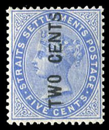 Straits Settlements #60 Cat$175, 1884 2c on 5c ultramarine, hinged, handstamp...