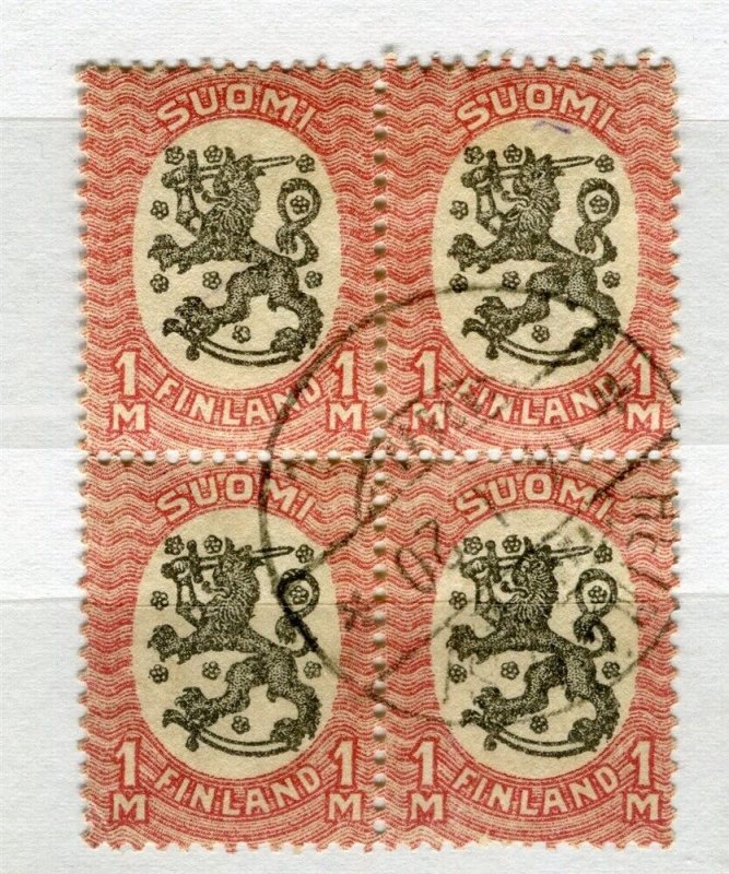 FINLAND; 1920s early Lion type fine used 1M. used BLOCK of 4