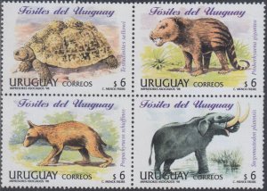 URUGUAY Sc #1713a-d CPL MNH BLOCK of 4 FOSSILIZED ANIMALS