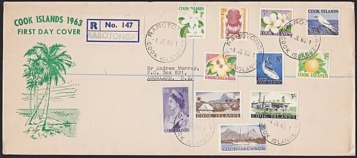 COOK IS 1963 Definitive set on registered official FDC ex Rarotonga.........7348