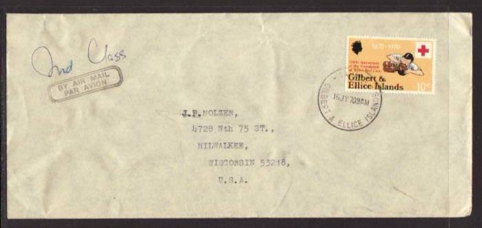 Gilbert and Ellice to Milwaukee WI 1970 Airmail Cover 